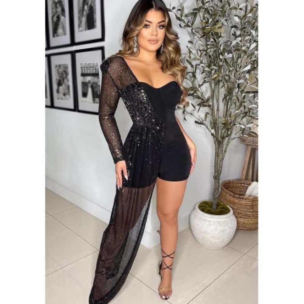 Black Half Sequin Jumpsuit